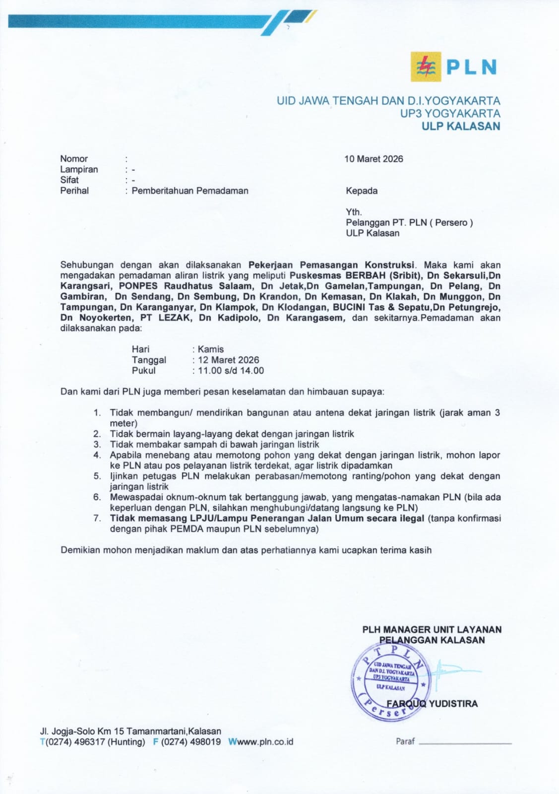 PEMBERITAHUAN PEMADAMAN LISTRIK