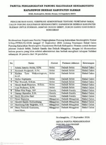 Pengumuman Hasil Verifikasi Administrasi Tentang Penetapan Bakal Calon Pamong Kalurahan Sendangtirto Untuk Formasi Jabatan Dukuh Sribit, Dukuh Gandu dan Dukuh Minggiran